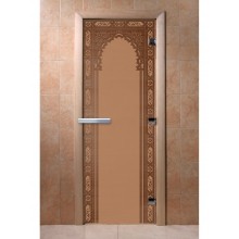 Дверь стеклянная DoorWood 900*2000 "Восточная Арка Бронза матовая" стекло бронза матовая 8 мм, коробка ольха, ручка алюминий/дерево